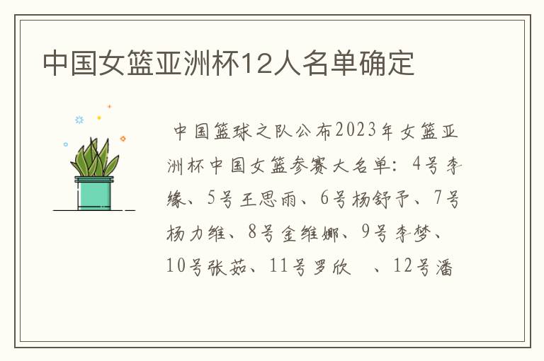 中国女篮亚洲杯12人名单确定
