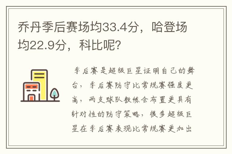 乔丹季后赛场均33.4分,哈登场均22.9分,科比呢?