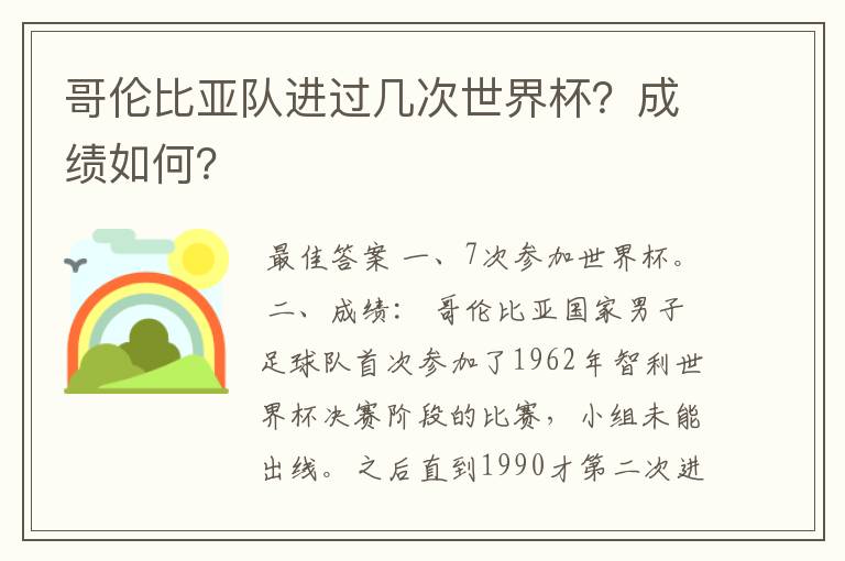 哥伦比亚队进过几次世界杯?成绩如何?
