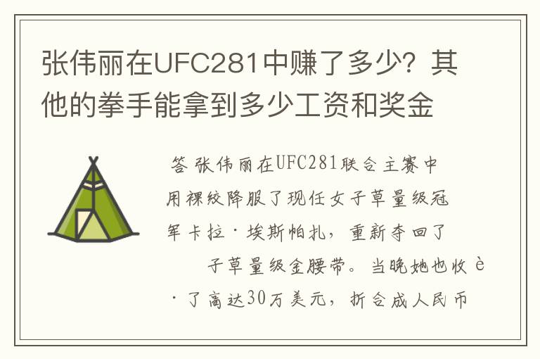 张伟丽在UFC281中赚了多少?其他的拳手能拿到多少工资和奖金?