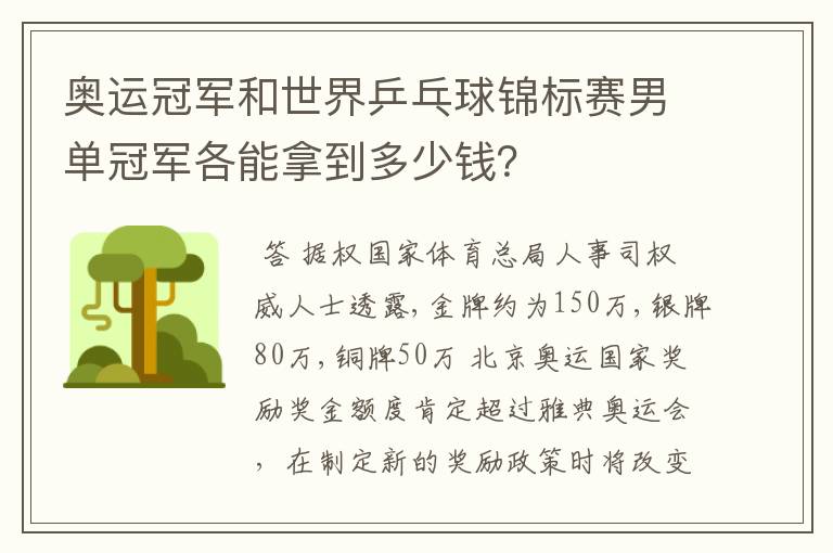 奥运冠军和世界乒乓球锦标赛男单冠军各能拿到多少钱?