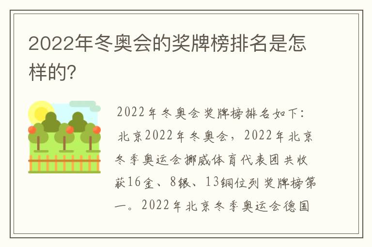 2022年冬奥会的奖牌榜排名是怎样的?
