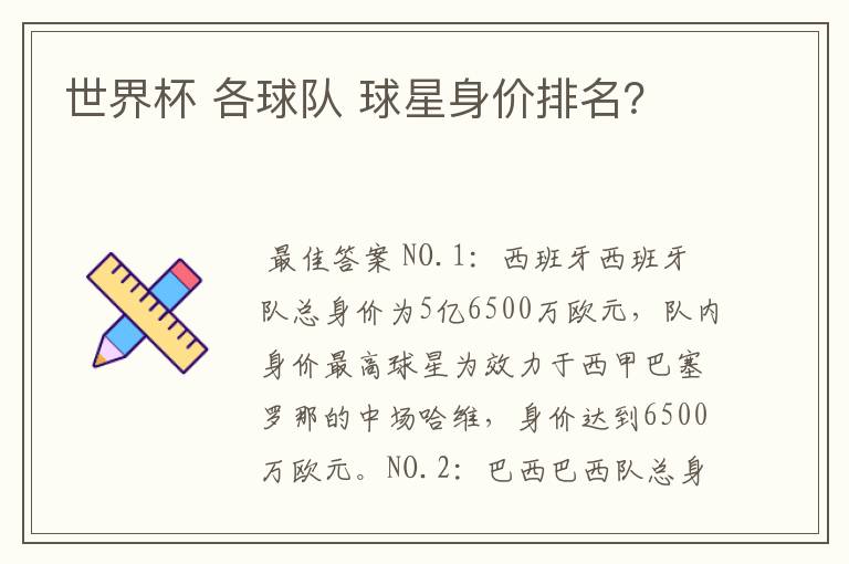 世界杯 各球队 球星身价排名?