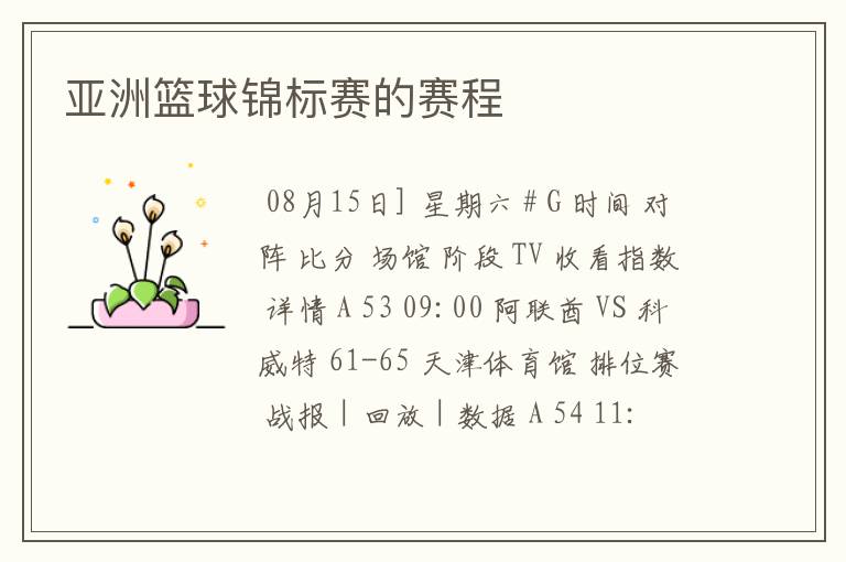 亚洲篮球锦标赛的赛程
