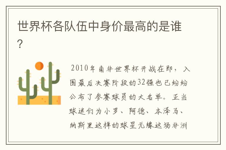 世界杯各队伍中身价最高的是谁?