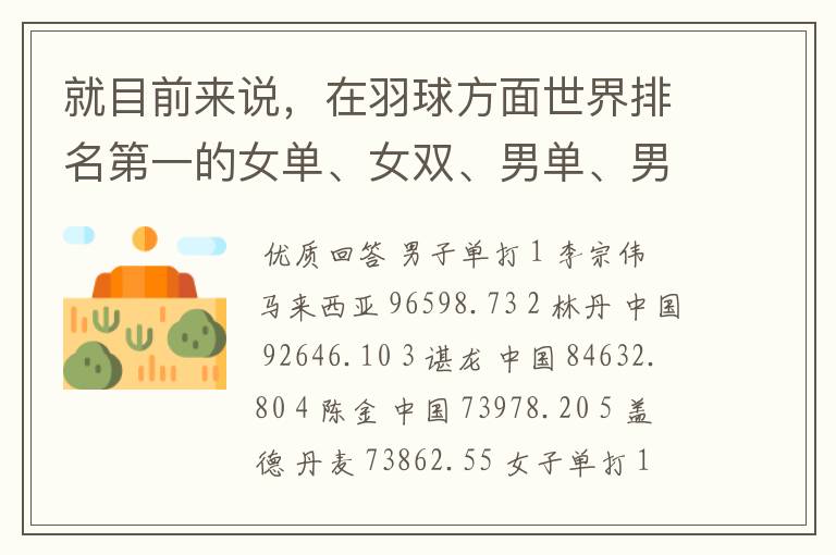就目前来说,在羽球方面世界排名第一的女单、女双、男单、男双跟混双各是哪个国家的选手?