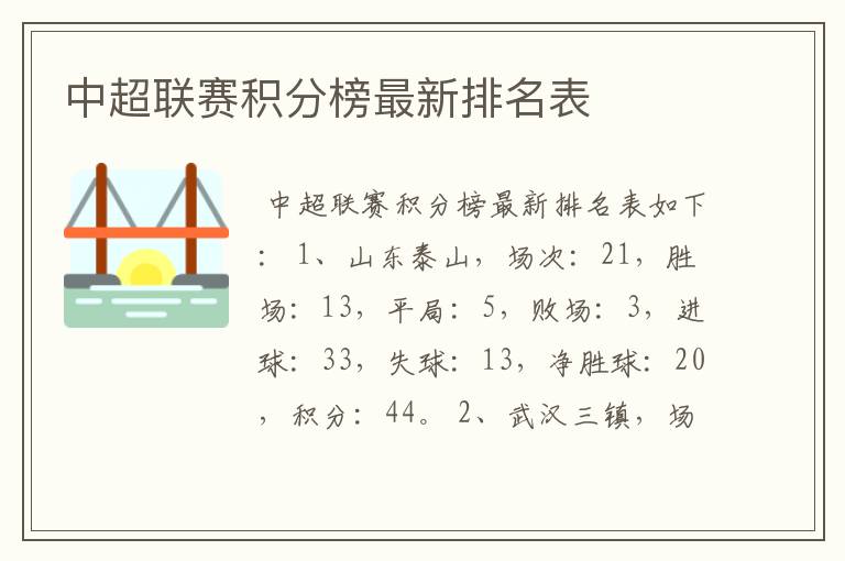 中超联赛积分榜最新排名表