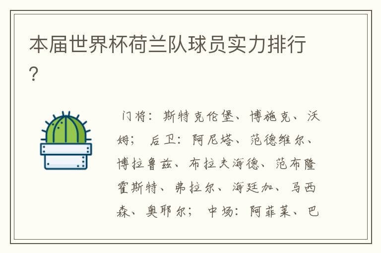 本届世界杯荷兰队球员实力排行?