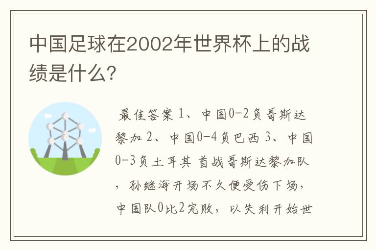 中国足球在2002年世界杯上的战绩是什么?
