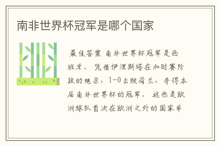 南非世界杯冠军是哪个国家
