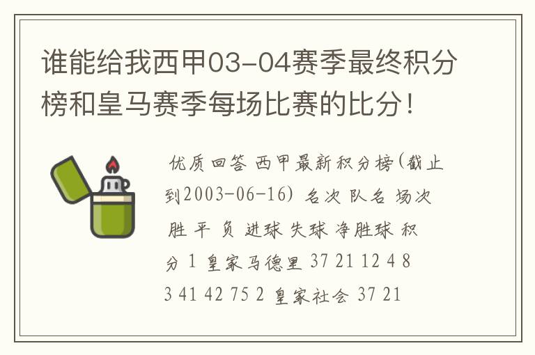 谁能给我西甲03-04赛季最终积分榜和皇马赛季每场比赛的比分!