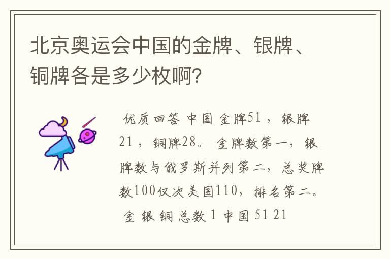 北京奥运会中国的金牌、银牌、铜牌各是多少枚啊?