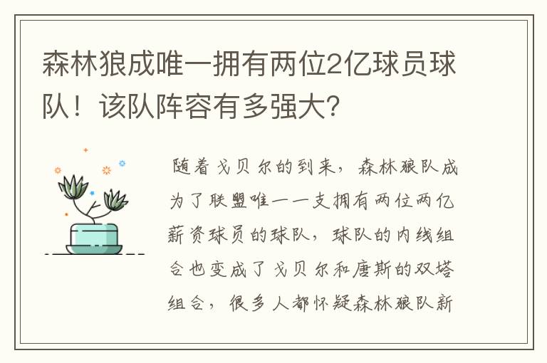 森林狼成唯一拥有两位2亿球员球队!该队阵容有多强大?