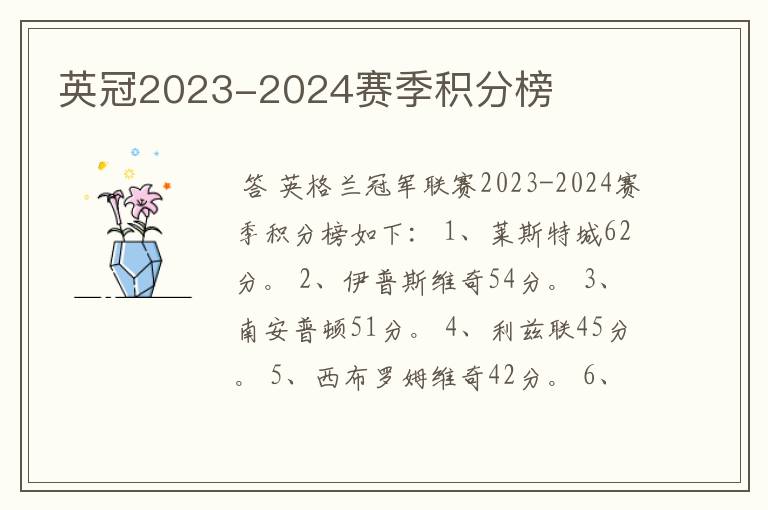 英冠2023-2024赛季积分榜