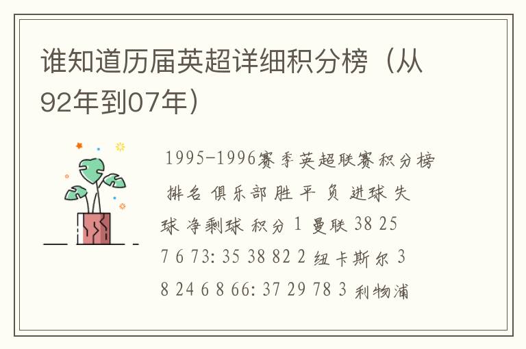 谁知道历届英超详细积分榜(从92年到07年)