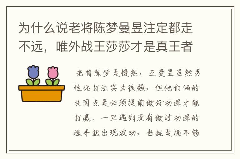 为什么说老将陈梦曼昱注定都走不远,唯外战王莎莎才是真王者呢?