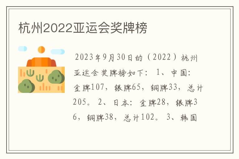 杭州2022亚运会奖牌榜