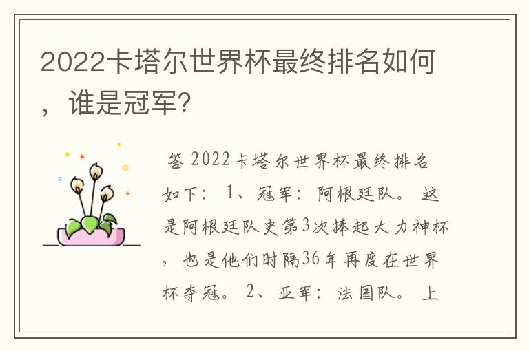 2022卡塔尔世界杯最终排名如何,谁是冠军?