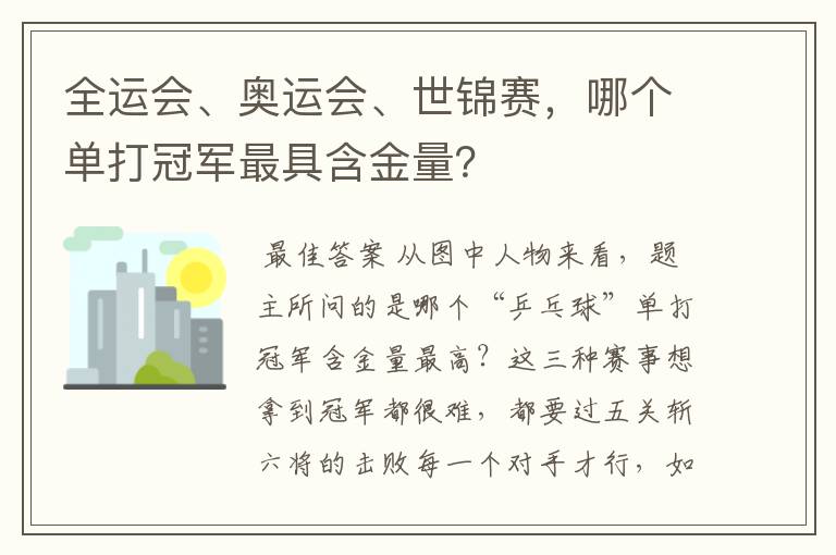 全运会、奥运会、世锦赛,哪个单打冠军最具含金量?