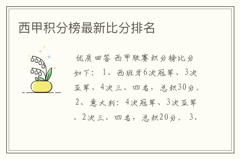 西甲积分榜最新比分排名