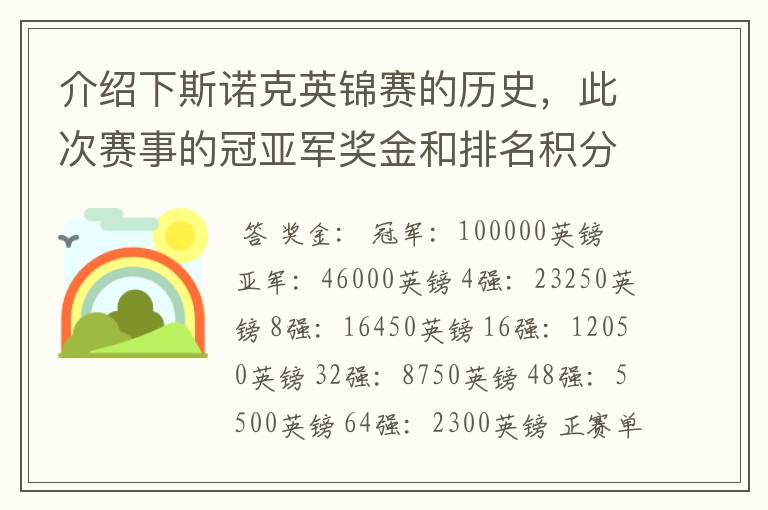 介绍下斯诺克英锦赛的历史,此次赛事的冠亚军奖金和排名积分各是多少?