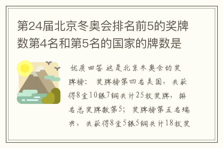 第24届北京冬奥会排名前5的奖牌数第4名和第5名的国家的牌数是多少?