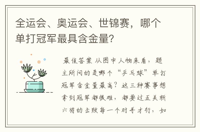 全运会、奥运会、世锦赛,哪个单打冠军最具含金量?