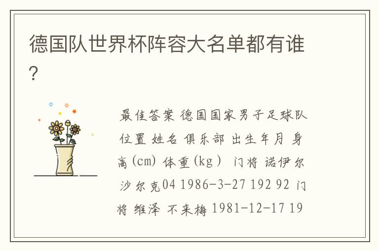 德国队世界杯阵容大名单都有谁?