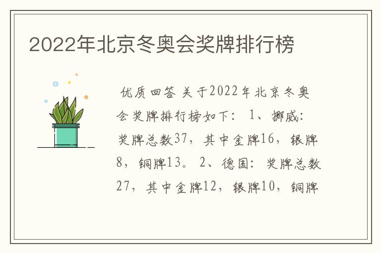2022年北京冬奥会奖牌排行榜