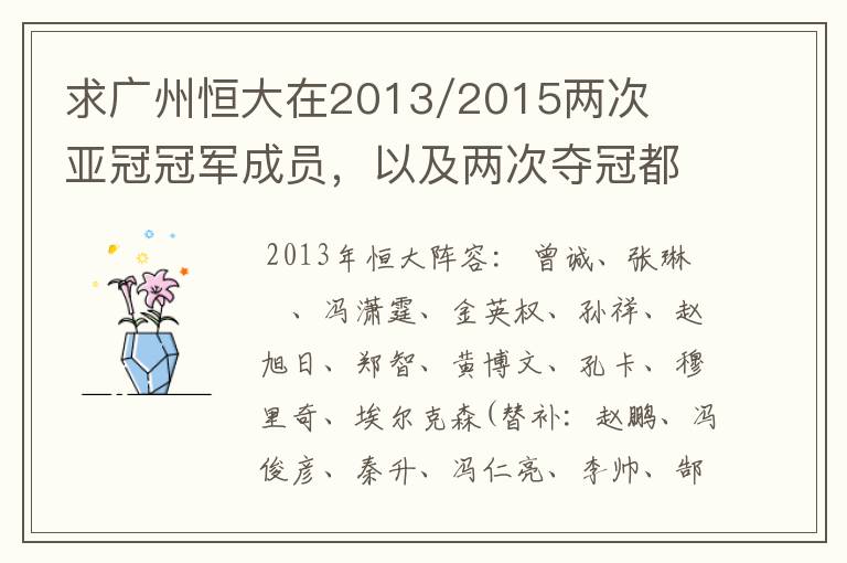 求广州恒大在2013/2015两次亚冠冠军成员,以及两次夺冠都有参与的队员名单