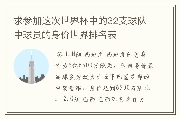 求参加这次世界杯中的32支球队中球员的身价世界排名表