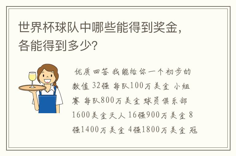 世界杯球队中哪些能得到奖金,各能得到多少?