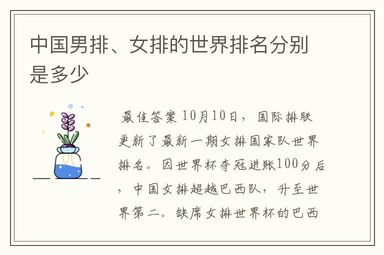 中国男排、女排的世界排名分别是多少
