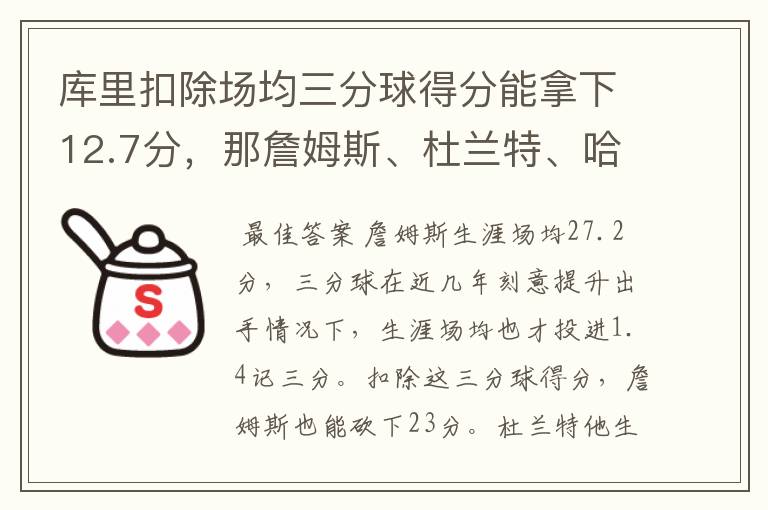 库里扣除场均三分球得分能拿下12.7分,那詹姆斯、杜兰特、哈登呢?