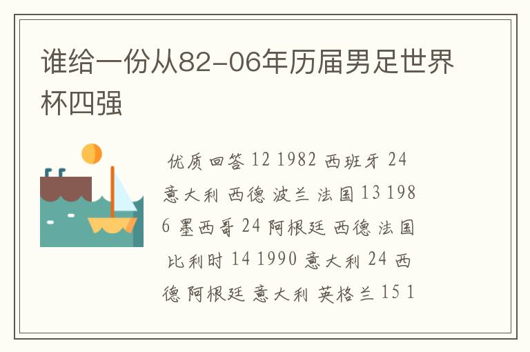 谁给一份从82-06年历届男足世界杯四强