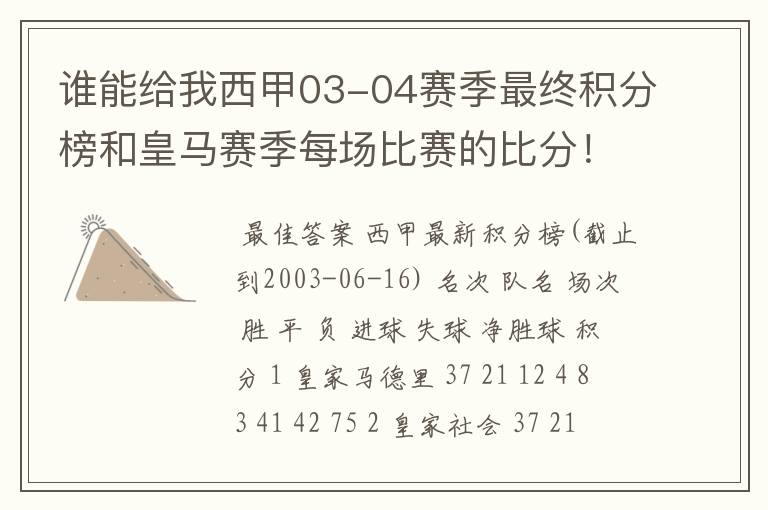 谁能给我西甲03-04赛季最终积分榜和皇马赛季每场比赛的比分!