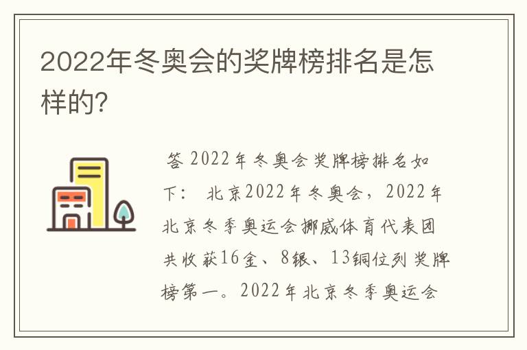2022年冬奥会的奖牌榜排名是怎样的?