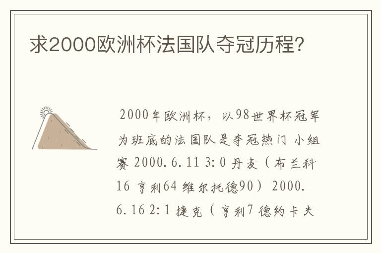 求2000欧洲杯法国队夺冠历程?