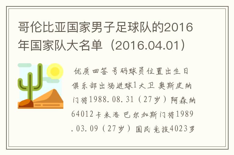 哥伦比亚国家男子足球队的2016年国家队大名单（2016.04.01）