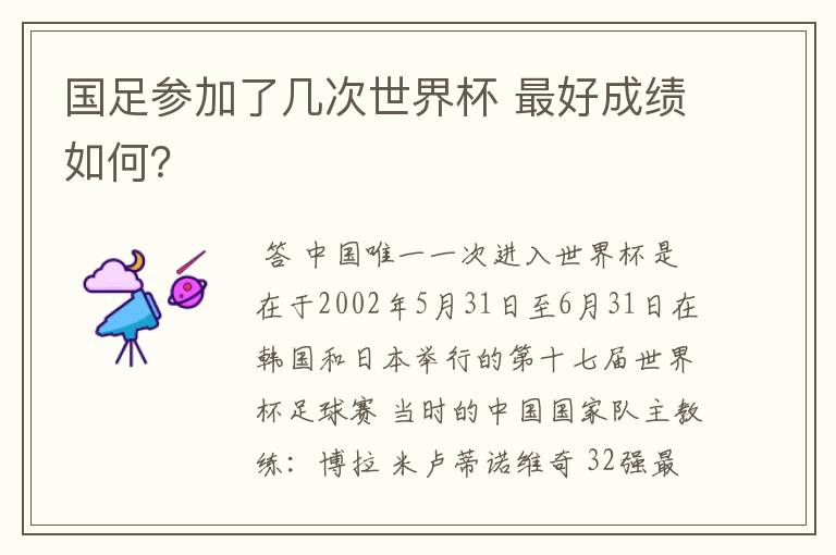 国足参加了几次世界杯 最好成绩如何?