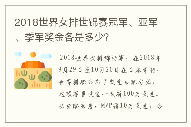 2018世界女排世锦赛冠军、亚军、季军奖金各是多少?