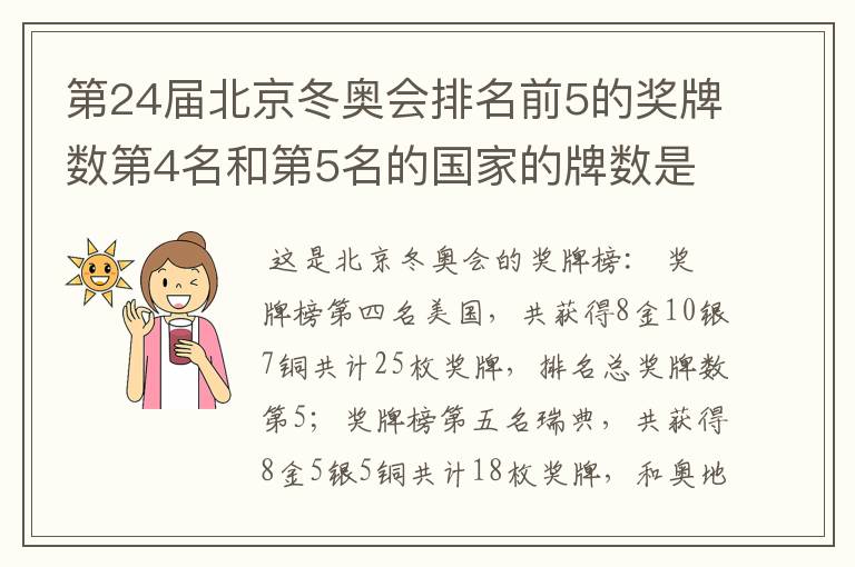 第24届北京冬奥会排名前5的奖牌数第4名和第5名的国家的牌数是多少?