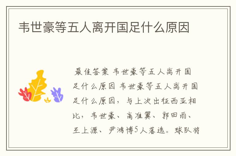 韦世豪等五人离开国足什么原因