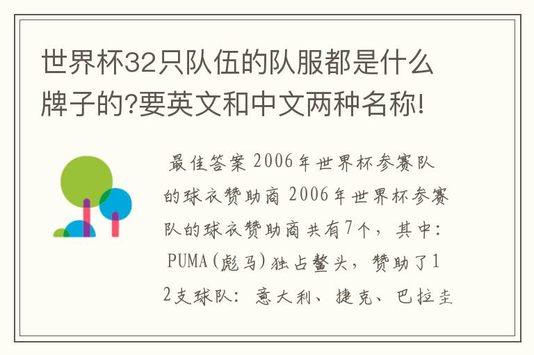 世界杯32只队伍的队服都是什么牌子的?要英文和中文两种名称!
