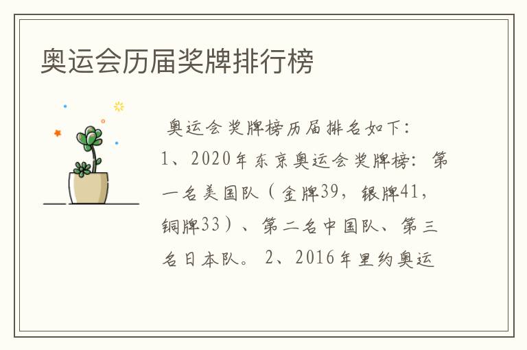 奥运会历届奖牌排行榜