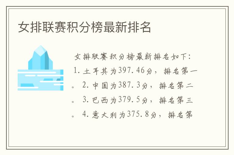 女排联赛积分榜最新排名