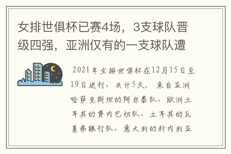 女排世俱杯已赛4场,3支球队晋级四强,亚洲仅有的一支球队遭淘汰