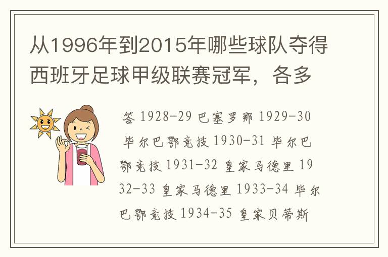 从1996年到2015年哪些球队夺得西班牙足球甲级联赛冠军,各多少次