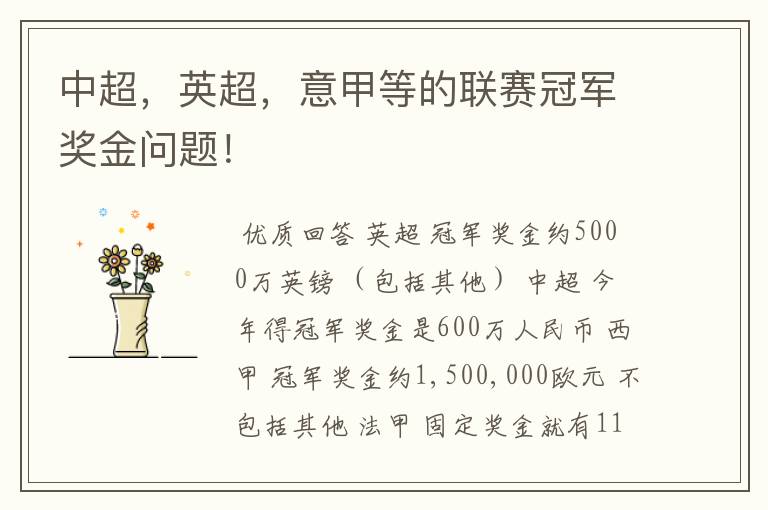 中超,英超,意甲等的联赛冠军奖金问题!