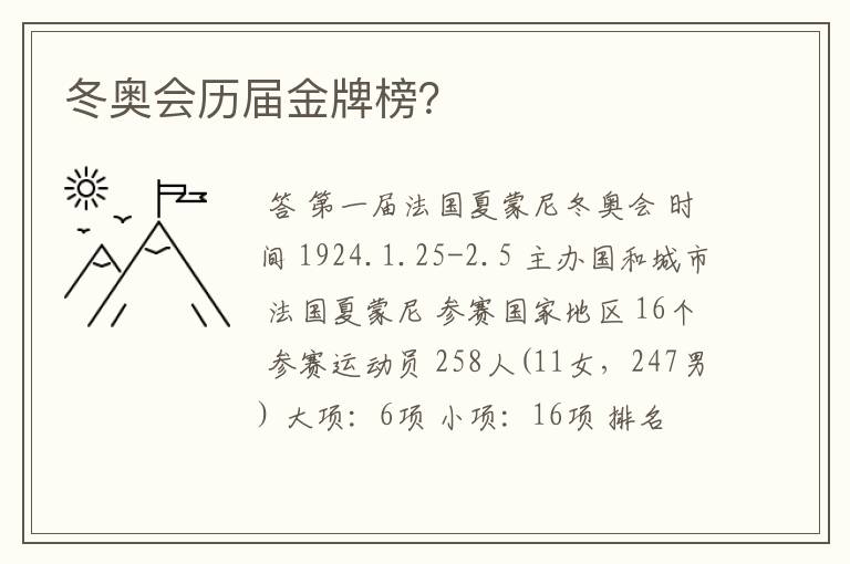 冬奥会历届金牌榜?